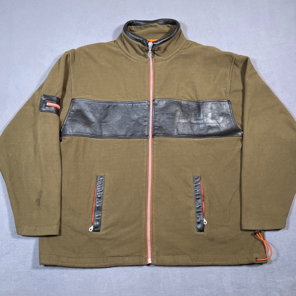 Vintage FUBU Fleece Jacket Men XL Olive Green Full Zip Leather Trim 90s Y2K Rare